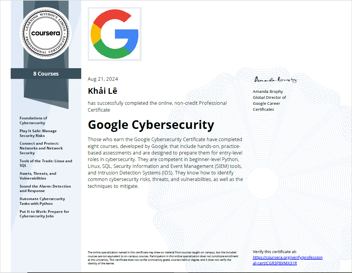 Lê Duy Khải's Google Cybersecurity