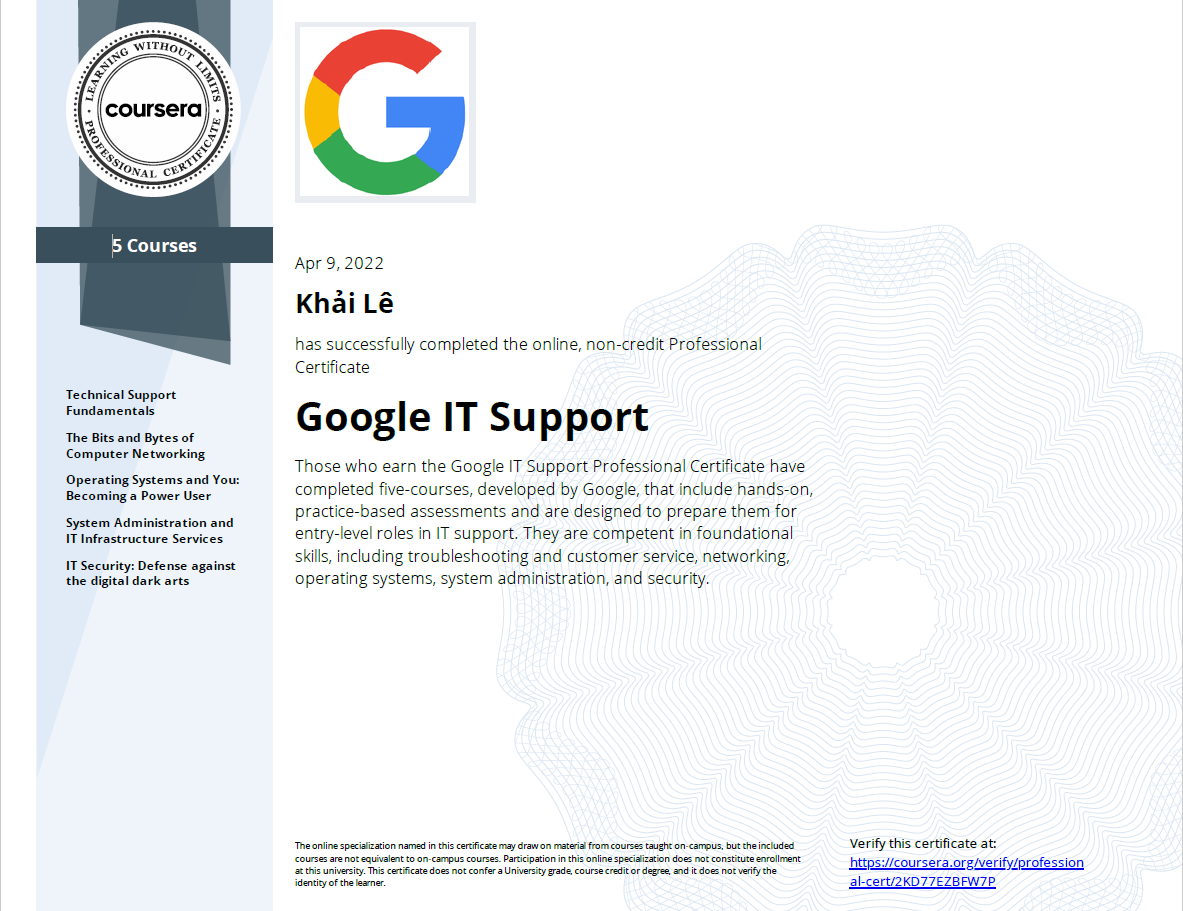 Lê Duy Khải's Google IT Support